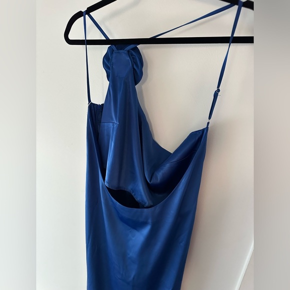 NWT Blue Satin Dress Open Back One Shoulder with Floral Rose Details - Picture 8 of 9